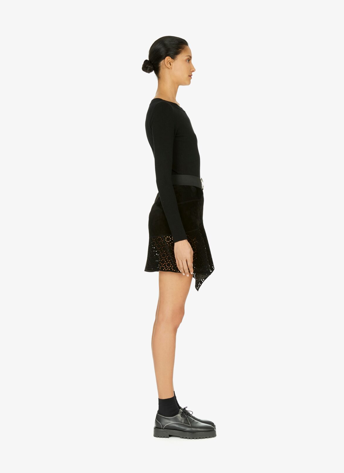 Asymmetrical openwork suede calfskin skirt ALAÏA BLACK ASYMMETRICAL OPENWORK SUEDE CALFSKIN SKIRT